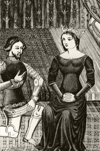 Sir Lancelot knielt voor koningin Guinevere, gegraveerd naar een 12e-eeuwse miniatuur door English School